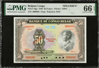 BELGIAN CONGO. Banque Du Congo Belge. 50 Francs, 1949. P-16gs. Specimen. PMG Gem Uncirculated 66 EPQ.
Estimate: $600.00 - 900.00