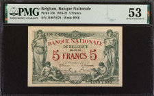 BELGIUM. Banque Nationale de Belgique. 5 Francs, 1918-21. P-75b. PMG About Uncirculated 53.
Estimate: $100.00 - 150.00