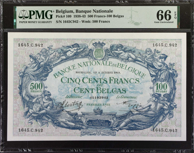 BELGIUM. Banque Nationale de Belgique. 500 Francs-100 Belgas, 1943. P-109. PMG G...