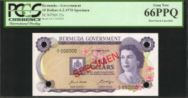 BERMUDA. Government. 10 Dollars, 6.2.1970. P-25s. Specimen. PCGS Currency Gem New 66 PPQ.
Hole Punch Cancelled. Red specimen overprint on bright pape...