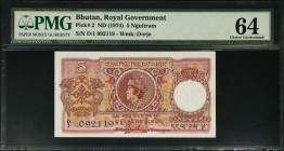 BHUTAN. Royal Government of Bhutan. 5 Ngultrum, ND (1974). P-2. PMG Choice Uncirculated 64.
PMG comments "Staple Holes at Issue".
Estimate: $100.00 ...