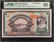 BOHEMIA. Nationalbank fur Bohmen und Mahren in Prag. 5000 Korun, 1920. P-16s. Specimen. PMG Gem Uncirculated 65 EPQ.
Estimate: $100.00 - 200.00