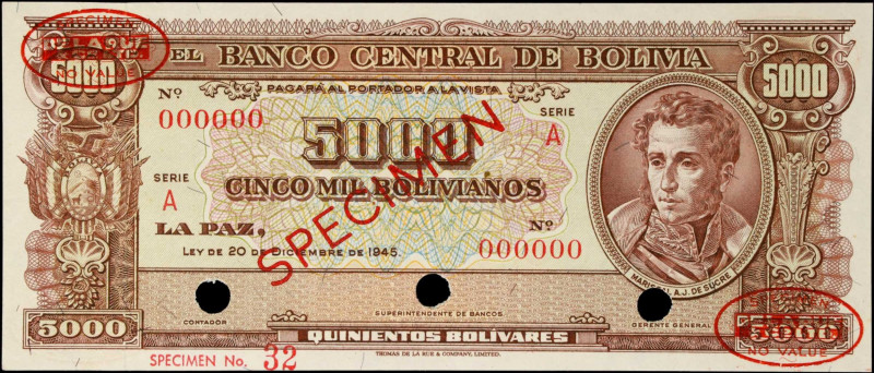 BOLIVIA. El Banco Central de Bolivia. 5000 Bolivianos, 1945. P-150s. Specimen. U...