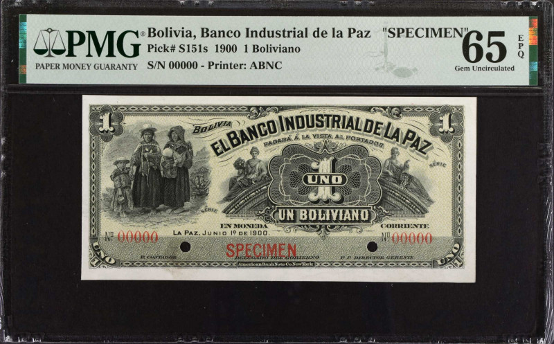 BOLIVIA. El Banco Industrial de la Paz. 1 Boliviano, 1900. P-S151s. Specimen. PM...
