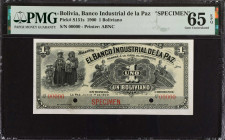 BOLIVIA. El Banco Industrial de la Paz. 1 Boliviano, 1900. P-S151s. Specimen. PMG Gem Uncirculated 65 EPQ.
Estimate: $150.00 - 200.00