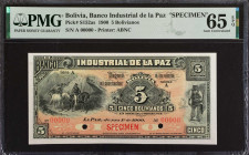 BOLIVIA. El Banco Industrial de la Paz. 5 Bolivianos, 1900. P-S152as. Specimen. PMG Gem Uncirculated 65 EPQ.
Estimate: $150.00 - 200.00