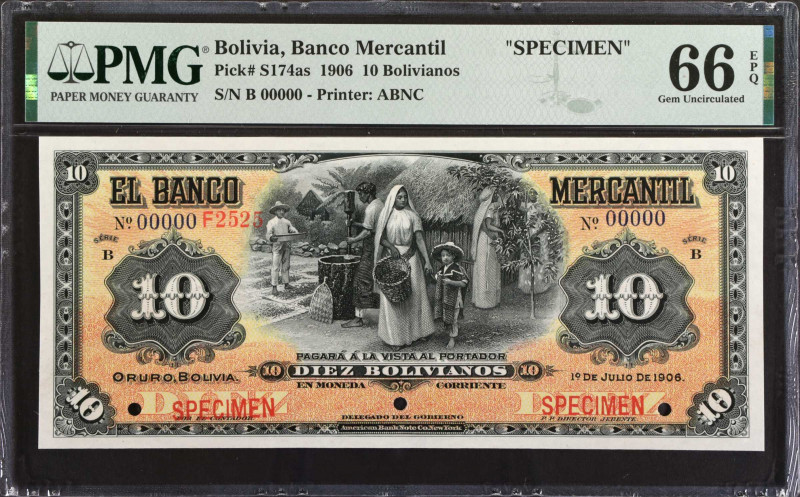 BOLIVIA. El Banco Mercantil. 10 Bolivianos, 1906. P-S174as. Specimen. PMG Gem Un...