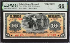 BOLIVIA. El Banco Mercantil. 10 Bolivianos, 1906. P-S174as. Specimen. PMG Gem Uncirculated 66 EPQ.
Estimate: $500.00 - 700.00