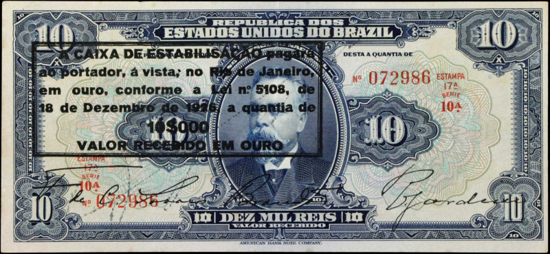 BRAZIL. Caixa de Estabilisacao. 10 Mil Reis, 1926. P-109A. Very Fine.
Ink on re...