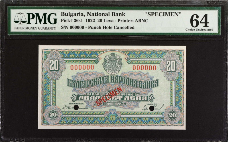 BULGARIA. Banque Nationale de Bulgarie. 20 Leva, 1922. P-36s1. Specimen. PMG Cho...