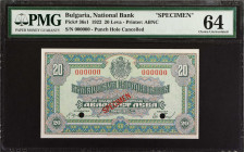 BULGARIA. Banque Nationale de Bulgarie. 20 Leva, 1922. P-36s1. Specimen. PMG Choice Uncirculated 64.
Estimate: $150.00 - 250.00
