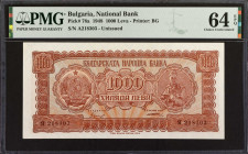 BULGARIA. B'lgarska Narodna Banka. 1000 Leva, 1948. P-78a. PMG Choice Uncirculated 64 EPQ.
Estimate: $150.00 - 300.00