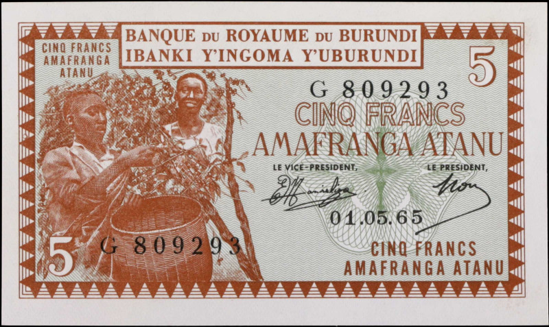 BURUNDI. Banque du Royaume du Burundi. 5 Francs, 1965. P-8a. Uncirculated.
Esti...