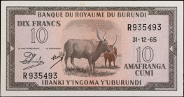 BURUNDI. Banque du Royaume du Burundi. 10 Francs, 1965. P-9a. Uncirculated.
Estimate: $100.00 - 200.00