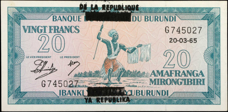 BURUNDI. Banque de la Republique du Burundi. 20 Francs, 1965. P-15. Uncirculated...