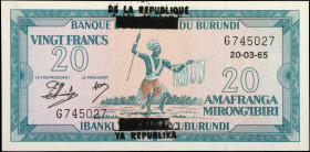 BURUNDI. Banque de la Republique du Burundi. 20 Francs, 1965. P-15. Uncirculated.
Estimate: $100.00 - 200.00