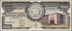 BURUNDI. Banque de la Republique du Burundi. 5000 Francs, 1981. P-32a. Uncirculated.
Staining in right margin.
Estimate: $200.00 - 400.00