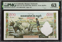 CAMBODIA. Banque Nationale du Cambodge. 500 Riels, ND (1958-1970). P-14d. PMG Choice Uncirculated 63.
Estimate: $100.00 - 150.00