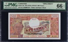 CAMEROON. Banque des Etats de l'Afrique Centrale. 500 Francs, ND (1974); 1978-83. P-15s. Specimen. PMG Gem Uncirculated 66 EPQ.
Estimate: $200.00 - 4...