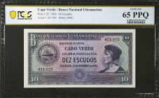 CAPE VERDE. Banco Nacional Ultramarino. 10 Escudos, 1945. P-42. PCGS Banknote Gem Uncirculated 65 PPQ.
Estimate: $500.00 - 700.00