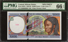 CENTRAL AFRICAN STATES. Banque des Etats de l'Afrique Centrale. 10,000 Francs, 1994-99. P-305Fs. Specimen. PMG Gem Uncirculated 66 EPQ.
Estimate: $15...