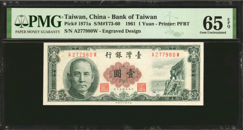 CHINA--TAIWAN. Bank of Taiwan. 1 Yuan, 1961. P-1971a. PMG Gem Uncirculated 65 EP...