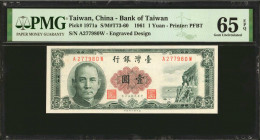 CHINA--TAIWAN. Bank of Taiwan. 1 Yuan, 1961. P-1971a. PMG Gem Uncirculated 65 EPQ.
Estimate: $20.00 - 40.00