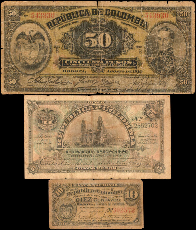 COLOMBIA. Lot of (3). Republica de Colombia. Mixed Denominations, 1893 to 1910. ...