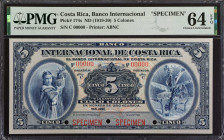 COSTA RICA. Banco Internacional de Costa Rica. 5 Colones, ND (1919-30). P-174s. Specimen. PMG Choice Uncirculated 64 EPQ.
Estimate: $250.00 - 350.00