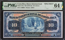 COSTA RICA. Banco Internacional de Costa Rica. 10 Colones, ND (1919-32). P-175s. Specimen. PMG Choice Uncirculated 64 EPQ.
Estimate: $300.00 - 500.00