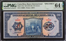 COSTA RICA. Banco Internacional de Costa Rica. 20 Colones, ND (1919-36). P-176s. Specimen. PMG Choice Uncirculated 64 EPQ.
Estimate: $400.00 - 600.00