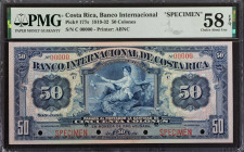 COSTA RICA. Banco Internacional de Costa Rica. 50 Colones, 1919-32. P-177s. Specimen. PMG Choice About Uncirculated 58 EPQ.
Estimate: $300.00 - 500.0...