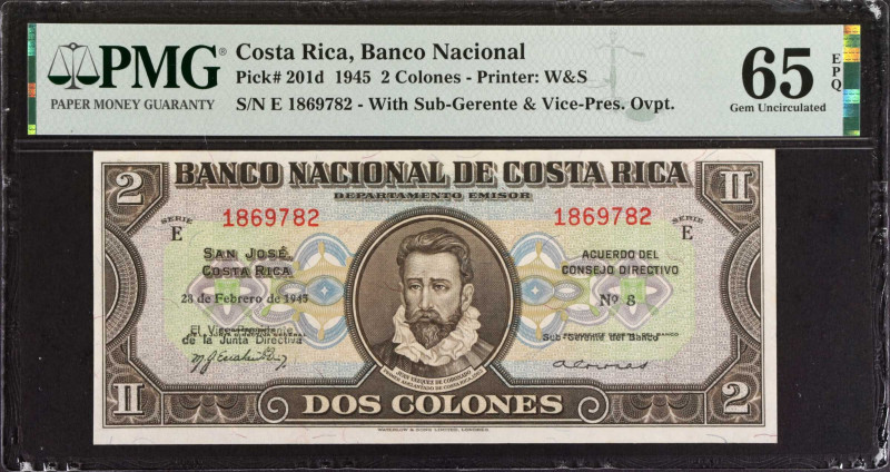 COSTA RICA. Banco Nacional de Costa Rica. 2 Colones, 1945. P-201d. PMG Gem Uncir...