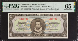 COSTA RICA. Banco Nacional de Costa Rica. 2 Colones, 1945. P-201d. PMG Gem Uncirculated 65 EPQ.
Estimate: $150.00 - 200.00