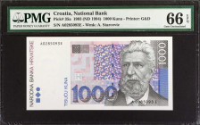 CROATIA. Narodna Banka Hrvatske. 1000 Kuna, 1993 (ND 1994). P-35a. PMG Gem Uncirculated 66 EPQ.
Estimate: $250.00 - 300.00