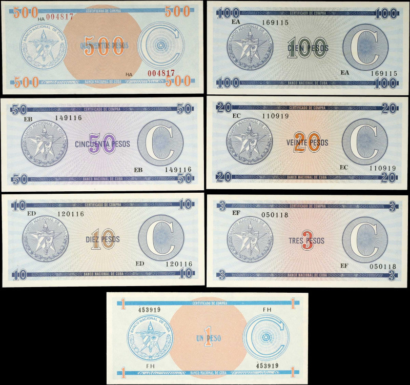 CUBA. Lot of (7). Banco Nacional De Cuba. 1, 3, 10, 20, 50, 100 & 500 Pesos, ND....