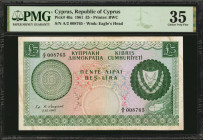 CYPRUS. Republic of Cyprus. 5 Pound, 1961. P-40a. PMG Choice Very Fine 35.
Printed by BWC.
Estimate: $150.00 - 250.00