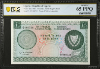 CYPRUS. Republic of Cyprus. 5 Pounds, 1961. P-40a. PCGS Banknote Gem Uncirculated 65 PPQ.
Estimate: $700.00 - 900.00