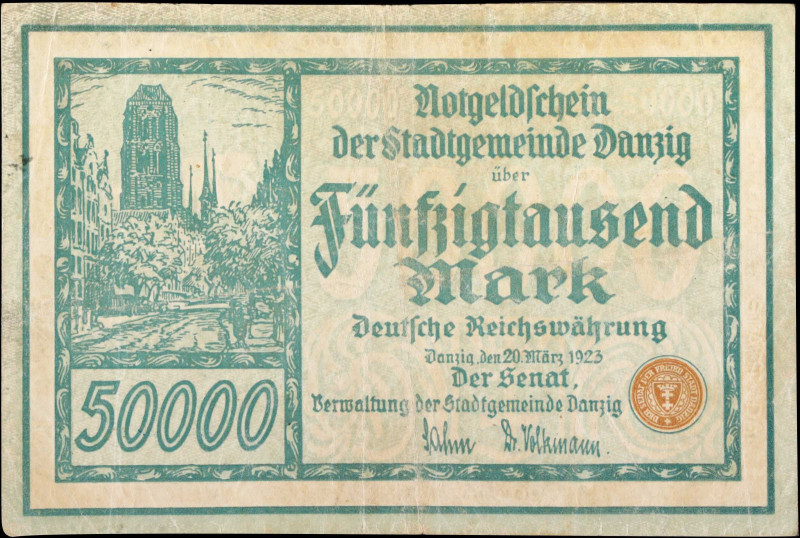 DANZIG. Verwaltung der Stadtgemeinde Danzig. 50,000 Mark, 1923. P-19. Very Fine....