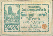 DANZIG. Verwaltung der Stadtgemeinde Danzig. 50,000 Mark, 1923. P-19. Very Fine.
Pinholes. Small margin tears.
Estimate: $150.00 - 200.00