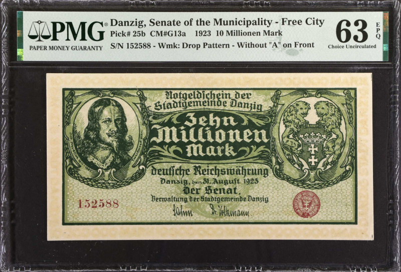 DANZIG. Verwaltung der Stadtgemeinde Danzig. 10 Millionen Mark, 1923. P-25b. Fre...