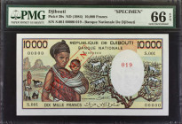 DJIBOUTI. Banque Nationale de Djibouti. 10,000 Francs, ND (1984). P-39s. Specimen. PMG Gem Uncirculated 66 EPQ.
Estimate: $150.00 - 250.00