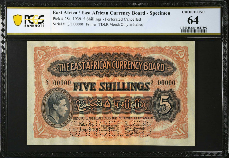 EAST AFRICA. East African Currency Board. 5 Shillings, 1939. P-28s. Specimen. PC...