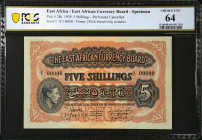 EAST AFRICA. East African Currency Board. 5 Shillings, 1939. P-28s. Specimen. PCGS Banknote Choice Uncirculated 64.
PCGS Banknote comments "Pinholes....