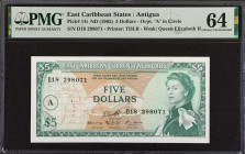 EAST CARIBBEAN STATES. East Caribbean Currency Authority. 5 Dollars, ND (1965). P-14i. PMG Choice Uncirculated 64.
Estimate: $100.00 - 150.00