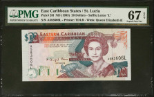 EAST CARIBBEAN STATES. Eastern Caribbean Central Bank. 20 Dollars, ND (1993). P-28l. PMG Superb Gem Uncirculated 67 EPQ.
Estimate: $150.00 - 250.00