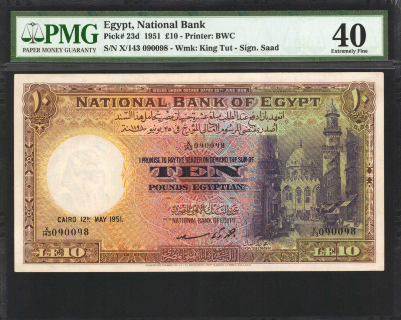 EGYPT. National Bank of Egypt. 10 Pounds, 1951. P-23d. PMG Extremely Fine 40.
S...