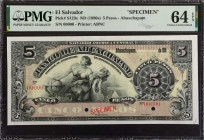 EL SALVADOR. El Banco de Ahuachapam. 5 Pesos, ND (1890s). P-S123s. Specimen. PMG Choice Uncirculated 64 EPQ.
PMG comments "Printer's Annotation".
Es...