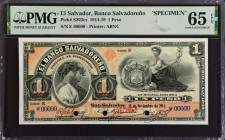 EL SALVADOR. El Banco Salvadoreno. 1 Peso, 1914-19. P-S202cs. Specimen. PMG Gem Uncirculated 65 EPQ.
Estimate: $300.00 - 600.00