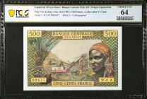 EQUATORIAL AFRICAN STATES. Banque Centrale des Etats de l'Afrique Equatoriale. 500 Francs, ND (1963). P-4e. PCGS Banknote Choice Uncirculated 64.
Est...